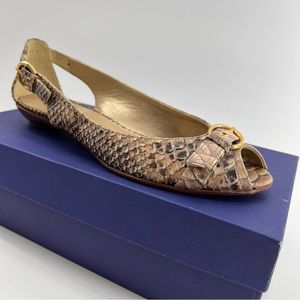 Stuart Weitzman Flats Shoes Neutral Beige Peep Toe Sz 8 N Slip On Cut Out Buckle